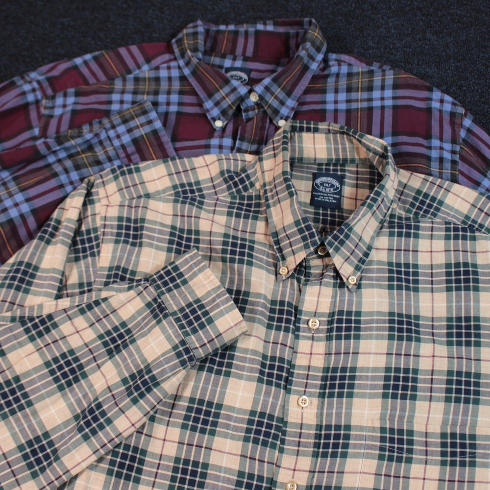 Brooks Brothers Shirt Men's 1XLT Plaid Button Down Tan Burgundy 2 Pack Bundle